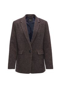 Blazer à carreaux marron et noir avec revers crantés, fermeture à un bouton, deux poches à rabat à l'avant et doublure intérieure bleu foncé.