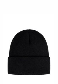 Czarna dziergana czapka beanie z zaokrąglonym wierzchem i podwiniętym brzegiem. Wykonana z miękkiego, textured materiału zapewniającego ciepło. Prosty design, bez dodatkowych wzorów.