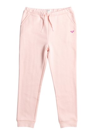 Różowe dresy wykonane z miękkiego materiału, z elastycznym pasem na sznurek, dwoma bocznymi kieszeniami oraz małym logo na biodrze.