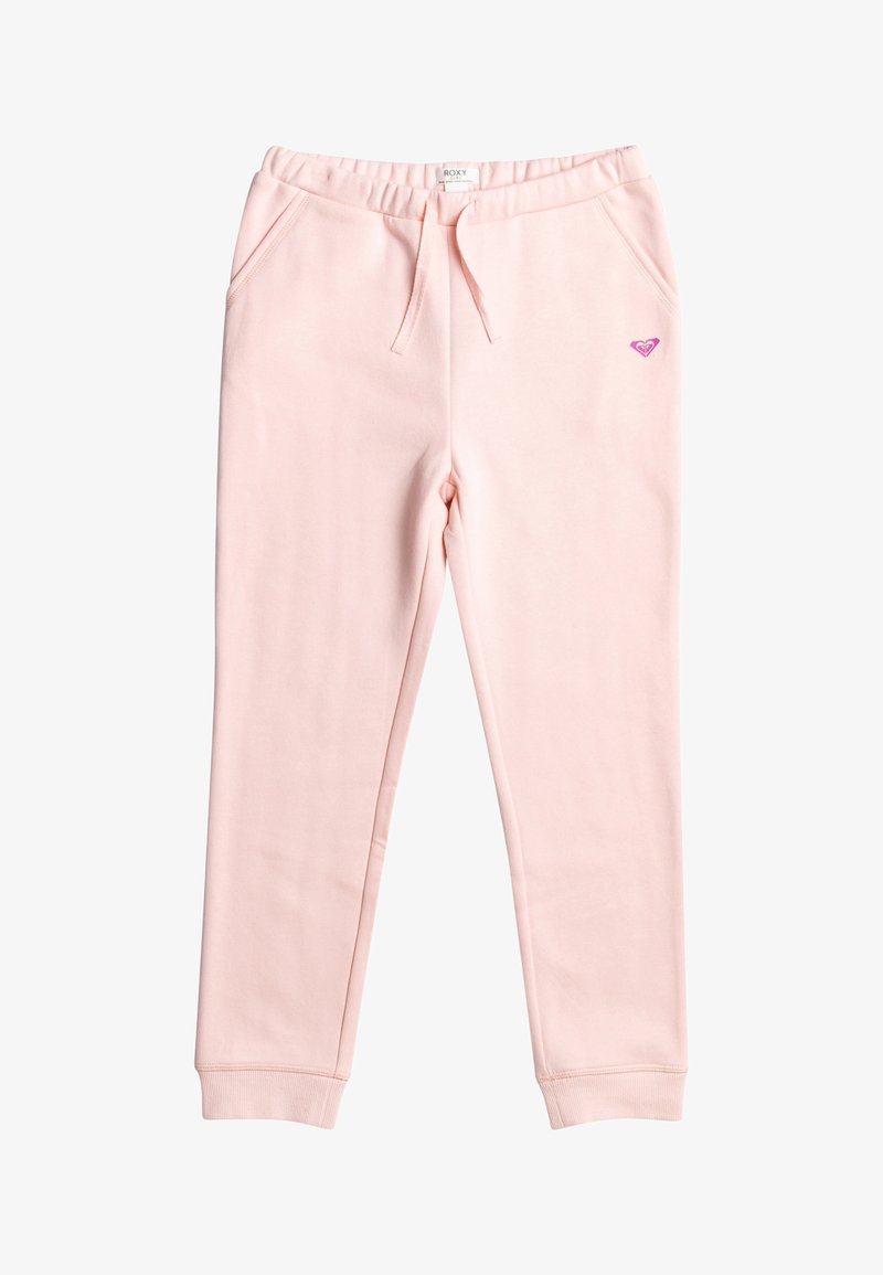 Pantalon de survêtement rose en tissu doux, avec une taille à cordon, deux poches latérales et un petit logo sur la hanche.