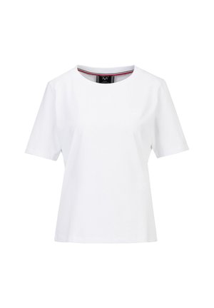 T-shirt blanc à manches courtes et col rond avec un logo discret sur le côté gauche de la poitrine et des détails rayés à l'intérieur du col.