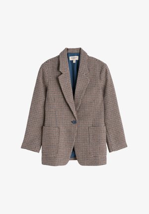 Rudos ir mėlynos spalvos šuns danties rašto švarkas su vienu mygtuku, dviem priekinėmis kišenėmis ir kontrastine mėlyna vidine pamušalu.