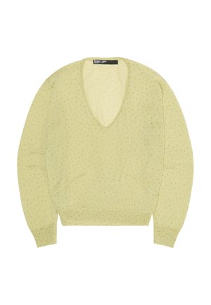 Hellgelber V-Ausschnitt-Pullover mit kleinen perforierten Punkten, langärmlig, mit gerippten Bündchen und Saum.