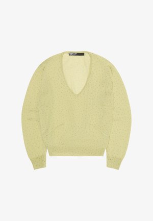 Light yellow V-neck sweater with small perforated dots, long sleeves, ribbed cuffs, and waistband.