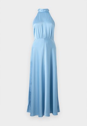 Light blue sleeveless dress with a high collar, gathered waist, and flowing skirt extending to the floor. Smooth fabric with subtle texture.