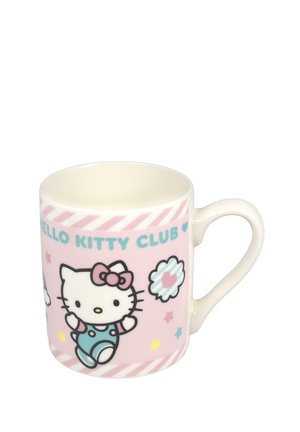 White ceramic mug with pink background, blue text "HELLO KITTY CLUB," and Hello Kitty character wearing blue overalls and pink bow.