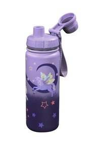 Purple metal water bottle featuring a unicorn and fairy design, gradient from light to dark purple, with star accents and a flip-top cap.