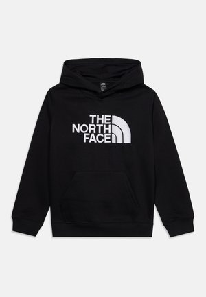 Čierna mikina s kapucňou s bielym logom "The North Face" a grafikou na prednej strane a predným vreckom kangaroo.