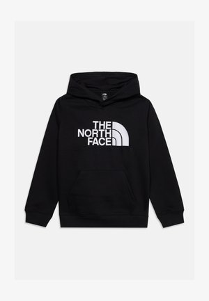 Sweat à capuche noir avec texte de logo blanc "The North Face" et graphique sur le devant, avec une poche kangourou à l'avant.
