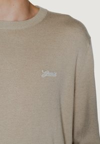 Maglione in maglia beige con scollo a costine. Presenta un logo "Guess" ricamato in bianco sul lato sinistro del petto. Tessuto morbido. Vestibilità standard.
