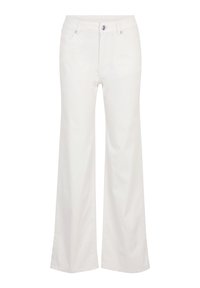 Jean blanc à taille haute et jambes larges, avec un style classique à cinq poches et une fermeture à bouton en métal. Fabriqué en un mélange de coton lisse.