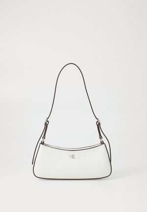 White leather handbag with a curved shape, brown trim, single adjustable shoulder strap, and silver logo detail on the front.