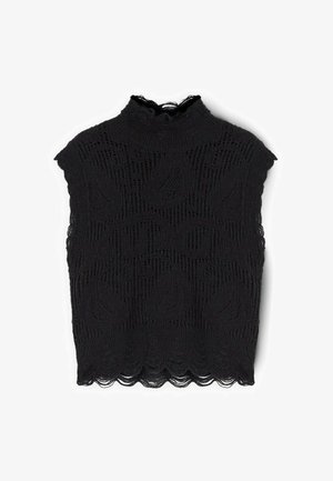 Top fără mâneci, tricotat negru, cu un gât înalt, având un model texturat în frunze și un tiv ondulat pentru un finisaj detaliat.