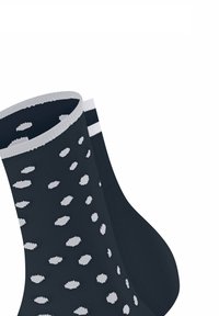 Knöchelsocken in navyblauem Grund mit weißen Pünktchen und einem weißen Streifen oben. Hergestellt aus einem strukturierten, elastischen Material.