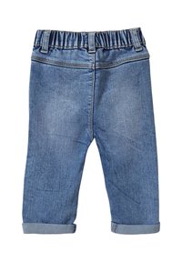 Gai zili denim bikses ar elastīgu jostasvietu, sarullētām starām un šuvju detaļām visā bikses. Gluda tekstūra un klasiskā piecu kabatu dizains.