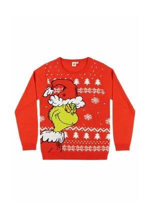 Roter Weihnachtspullover mit dem Grinch, der eine Weihnachtsmütze trägt, umgeben von weißen Schneeflocken, Bäumen und festlichen Mustern.