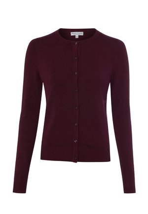 Cardigan viola scuro a maniche lunghe con bottoni, scollo rotondo, polsini e orlo a coste, taglia small, etichettato Marie Lund Copenhagen.