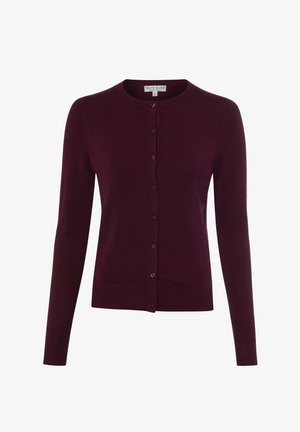Dunkellila langärmeliger Cardigan mit Knopfleiste, rundem Ausschnitt, gerippten Bündchen und Saum, Größe S, mit dem Label Marie Lund Copenhagen.