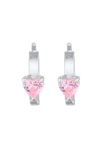 Boucles d'oreilles en argent avec des pierres précieuses roses en forme de cœur, maintenues par des sertissages en griffe. Fini lisse en général, avec un éclat poli.