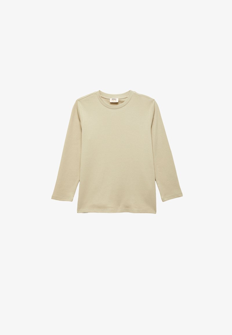 Beige long-sleeve shirt made of textured fabric. Features a round neckline and straight-cut hem. Simple design without additional patterns.