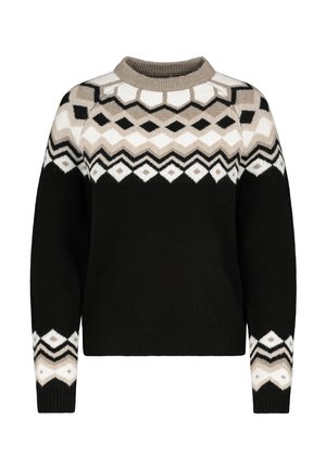 Black sweater with a geometric patterned yoke in cream, beige, and black. Round neck and ribbed cuffs. Soft texture, relaxed fit.