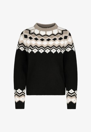 Zwarte trui met een geometrisch patroon op de schouders in crème, beige en zwart. Ronde hals en ribbels aan de mouwen. Zacht materiaal, relaxte pasvorm.