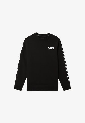 Sort Vans sweatshirt med lange ærmer, hvide ternede striber ned ad ærmerne og Vans-logo på venstre bryst.