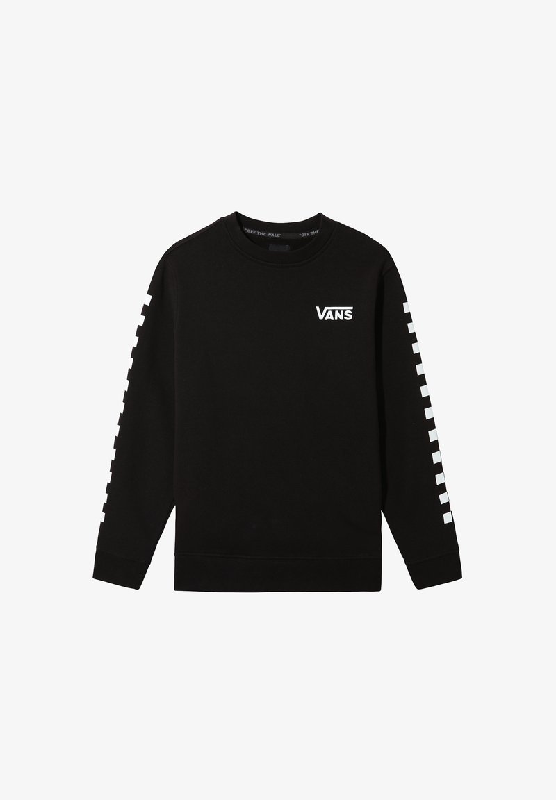 Sweat-shirt Vans noir à manches longues avec des bandes à damier blanches le long des manches et le logo Vans sur le côté gauche de la poitrine.