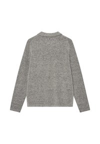 Szürke kötött pulóver hosszú ujjakkal és gallérral. Puha tapintású, finoman mintázott anyag. A hátsó galléron logó címke található.