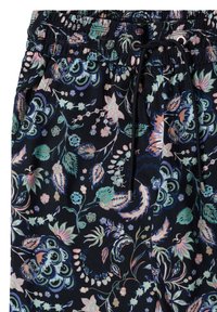 Black fabric shorts with elastic waistband, black drawstring, and a colorful floral pattern in shades of blue, green, pink, and purple.