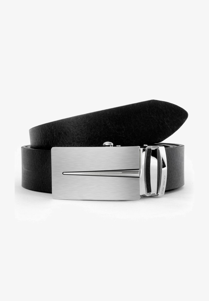 Black leather belt with a rectangular silver metal buckle featuring a brushed finish and a sleek design. Accents include a centered line detail.
