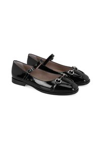 Schwarze Lackleder-Ballettschuhe mit runder Zehenform, Knöchelriemen und dekorativen Hardware-Akzenten an der Vorderseite. Flache Sohlenkonstruktion.