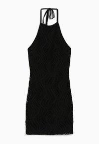 Robe noire à col halter avec motif en dentelle ondulée et bretelle à nouer, sans manches, silhouette ajustée, longueur genou, posée à plat sur fond blanc.