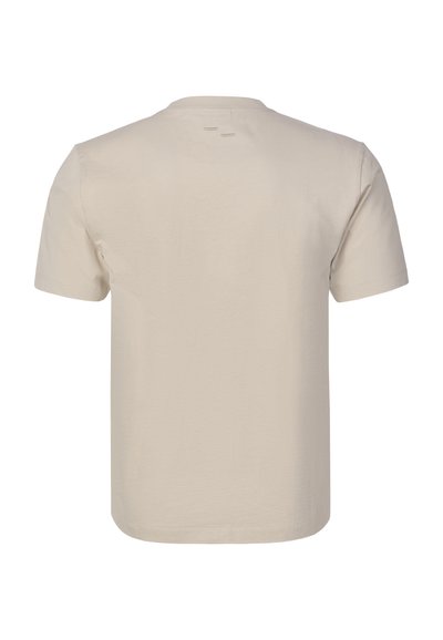 Beiges T-Shirt mit kurzen Ärmeln, Rückansicht, mit rundem Ausschnitt und zwei kleinen gesteppten Details unterhalb des Kragens.
