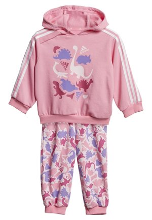Tuta per bambini in rosa con felpa con cappuccio caratterizzata da grafiche di dinosauri e pantaloni abbinati con un motivo simile. Il materiale è morbido e confortevole.
