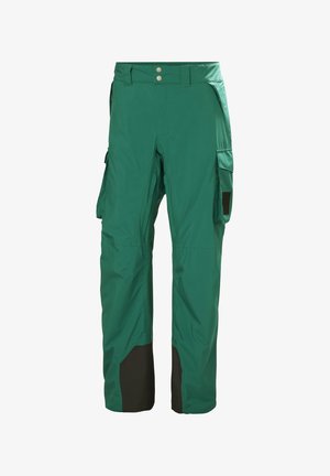 Grüne Cargo-Hosen aus strapazierfähigem Material, mit mehreren Taschen, einem Reißverschluss und braunen Akzenten am Saum und an den Seiten.