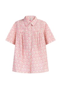 Camicia a maniche corte in tessuto rosa chiaro con un motivo floreale in rosa scuro. Presenta un colletto e dettagli arricciati sotto il seno.