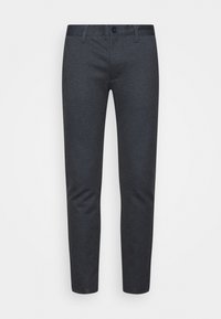 Pantaloni grigio scuro con un fine motivo a quadretti, realizzati in tessuto liscio, con vita standard e zip, taglio slim fit.