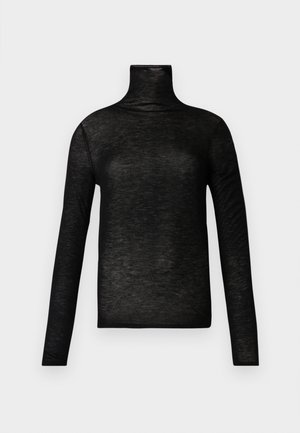 Black turtleneck top made of lightweight, textured fabric with long sleeves and a fitted design. Smooth, minimalist style, no patterns.
