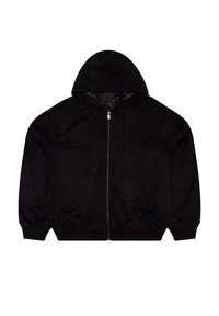 Crna zip majica s kapuljačom, mekane teksture, sa dvije prednje džepove i izvezenim logom na prsima.
