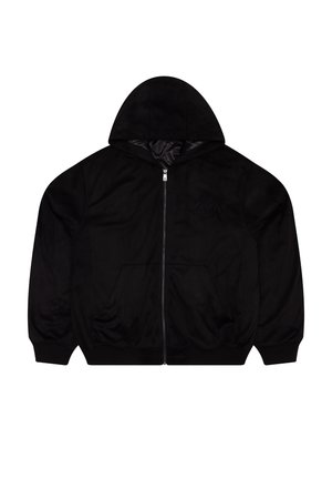 Black zip-up hoodie with a soft texture, featuring a hood, two front pockets, and an embroidered logo on the chest.