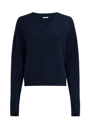 Dunkel marineblauer, langärmeliger V-Ausschnitt gestrickter Pullover mit gerippten Bündchen und Saum sowie Daumenlöchern an den Ärmeln.