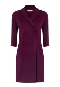 Pflaumenlila doppelreihiges Blazer-Kleid mit Dreiviertelärmeln und verdeckten Knöpfen, taillierte Passform, Reverskragen.