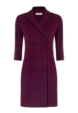 Pflaumenlila doppelreihiges Blazer-Kleid mit Dreiviertelärmeln und verdeckten Knöpfen, taillierte Passform, Reverskragen.