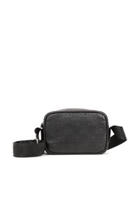Sac bandoulière noir avec logo "Hugo" en relief, forme rectangulaire, texture lisse, sangle ajustable et fermeture éclair.