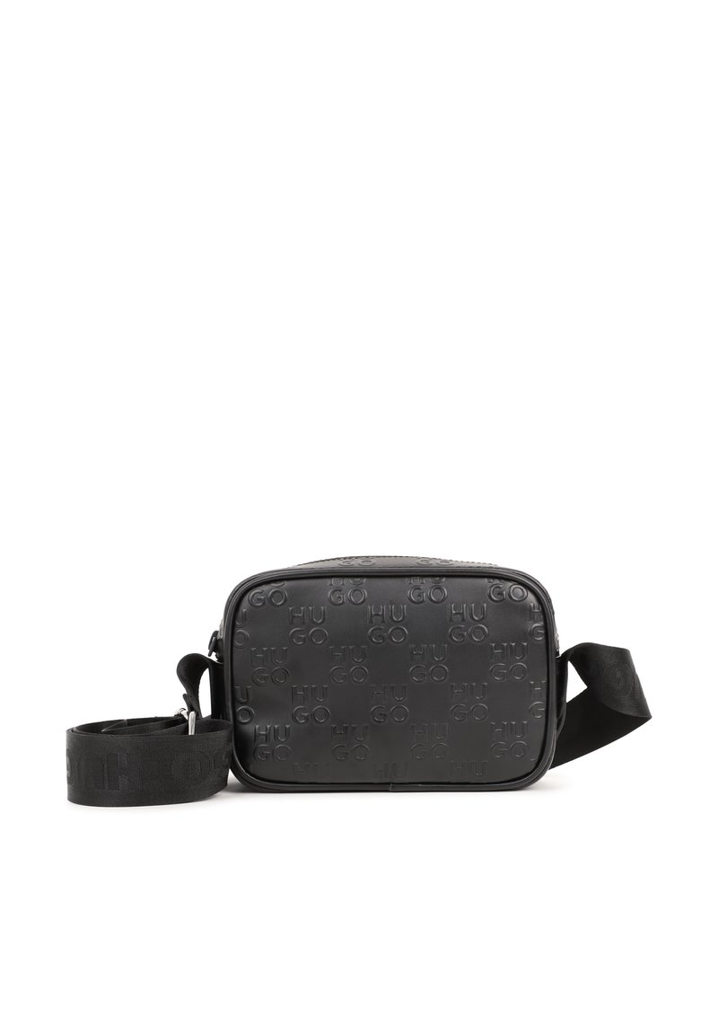 Sac bandoulière noir avec logo "Hugo" en relief, forme rectangulaire, texture lisse, sangle ajustable et fermeture éclair.