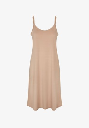Beżowa midi sukienka bez rękawów z cienkimi regulowanymi ramiączkami i dekoltem w serek, wykonana z gładkiego, lekkiego materiału.