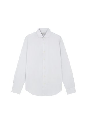 Camisa blanca de manga larga con botones, cuello clásico y dobladillo recto, mostrada desplegada sobre un fondo blanco.