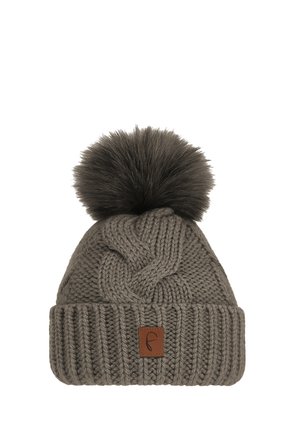 Knit gray beanie with a folded cuff, central cable pattern, leather logo patch, and large dark gray faux fur pom-pom on top.