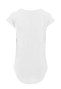 White, short-sleeve t-shirt with a round neckline and curved hem. Made of soft, lightweight fabric with a smooth texture.